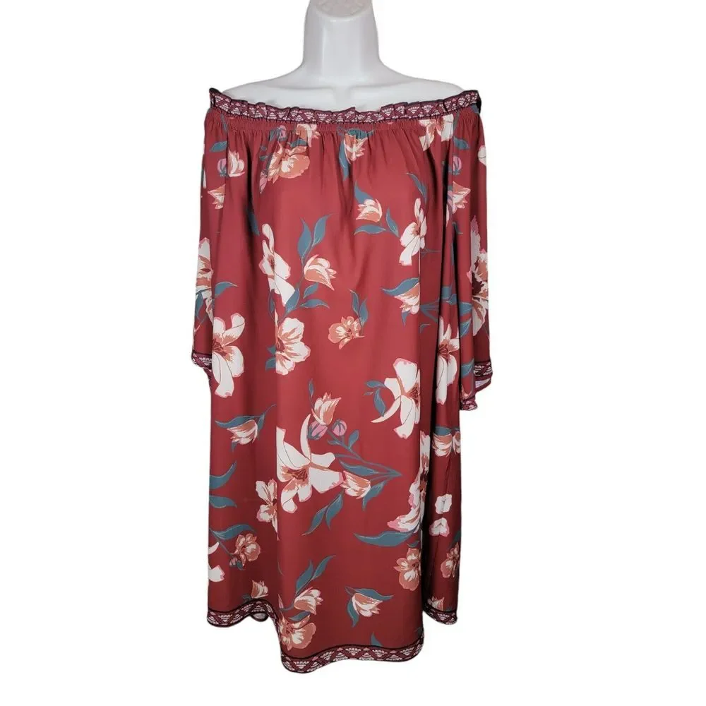 Flying Tomato Womens Plus Size 2X Bohemian Dress Red Floral ‎ Off Shoulder